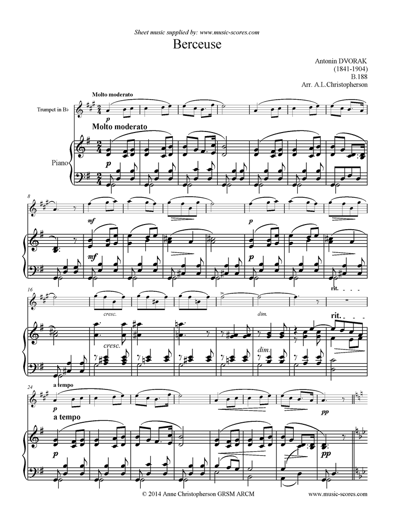 Front page of B.188 Berceuse: Trumpet sheet music