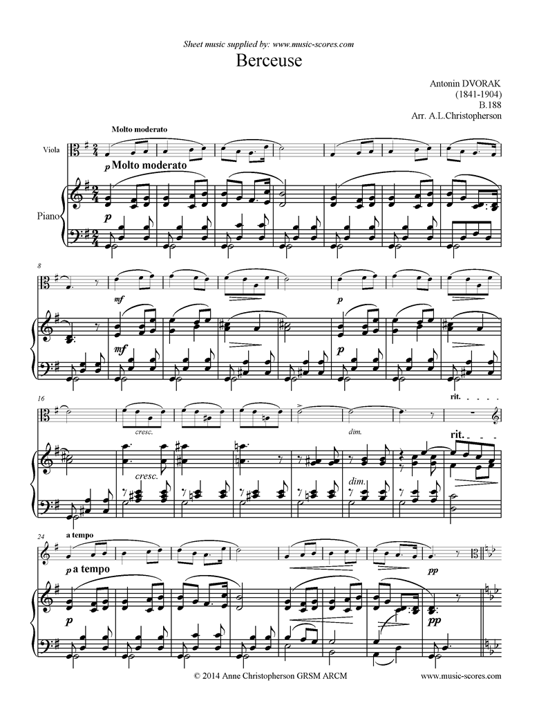 Front page of B.188 Berceuse: Viola sheet music