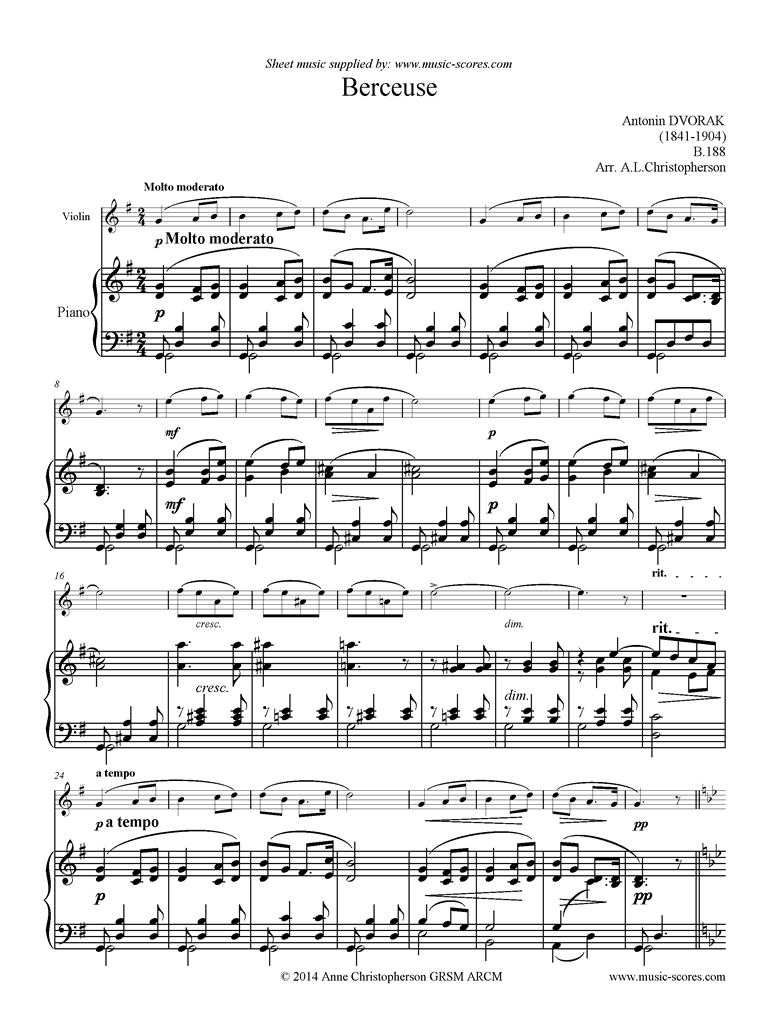 Front page of B.188 Berceuse: Violin sheet music