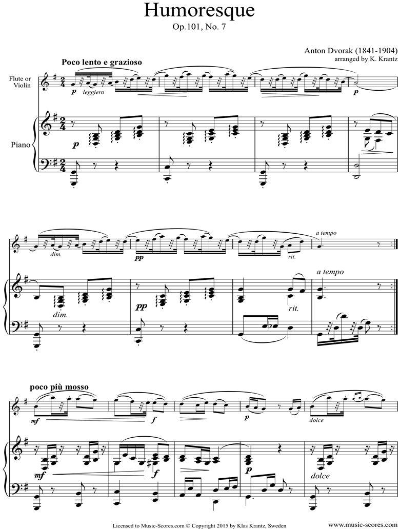 Front page of Op.101, No.7: Humoresque: Flute, Piano sheet music