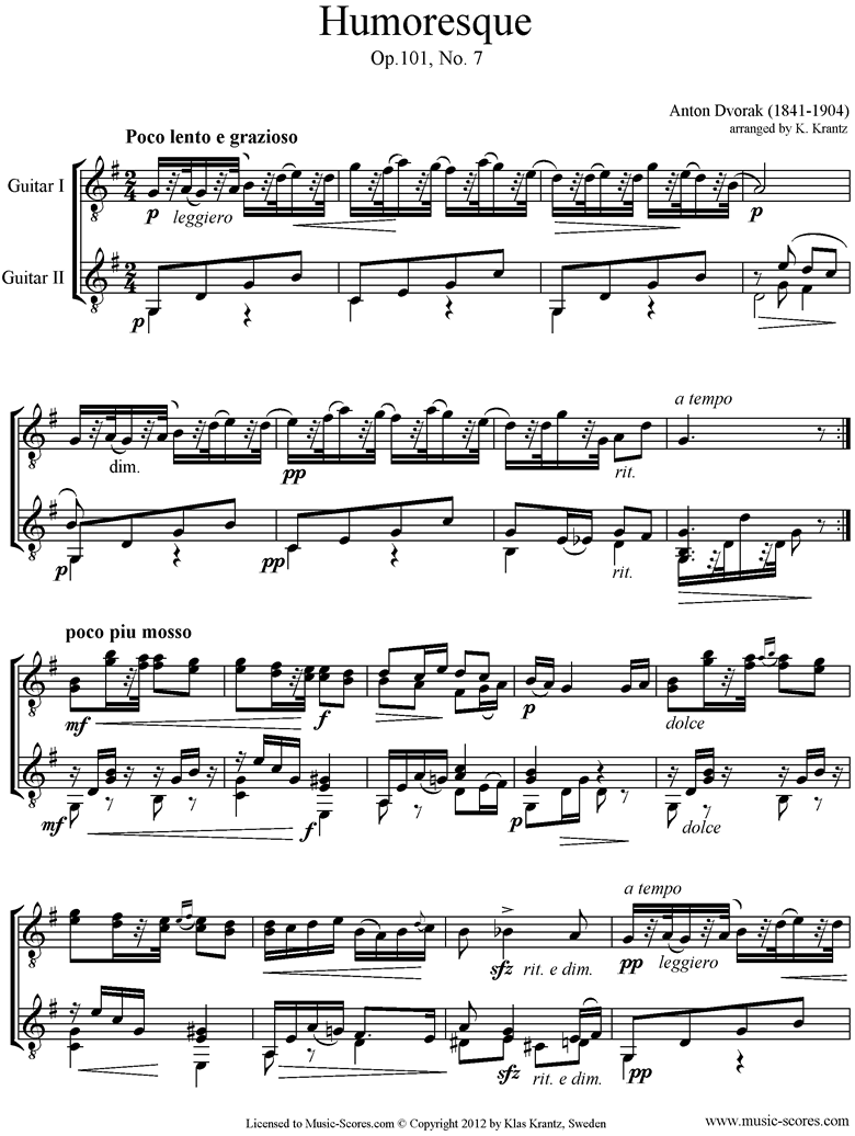 Front page of Op.101, No.7: Humoresque: 2 Guitars sheet music