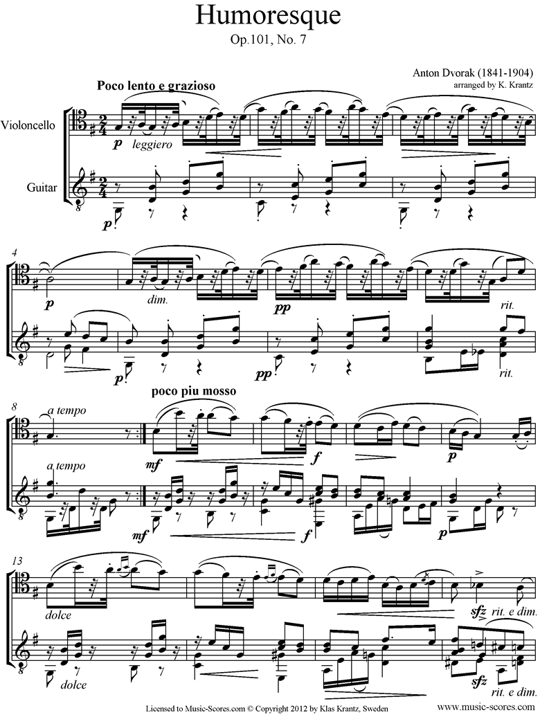 Op.101, No.7: Humoresque: Cello, Guitar by Dvorak