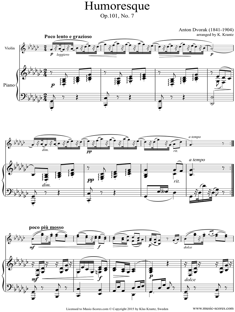 Front page of Op.101, No.7: Humoresque: Violin, Piano sheet music