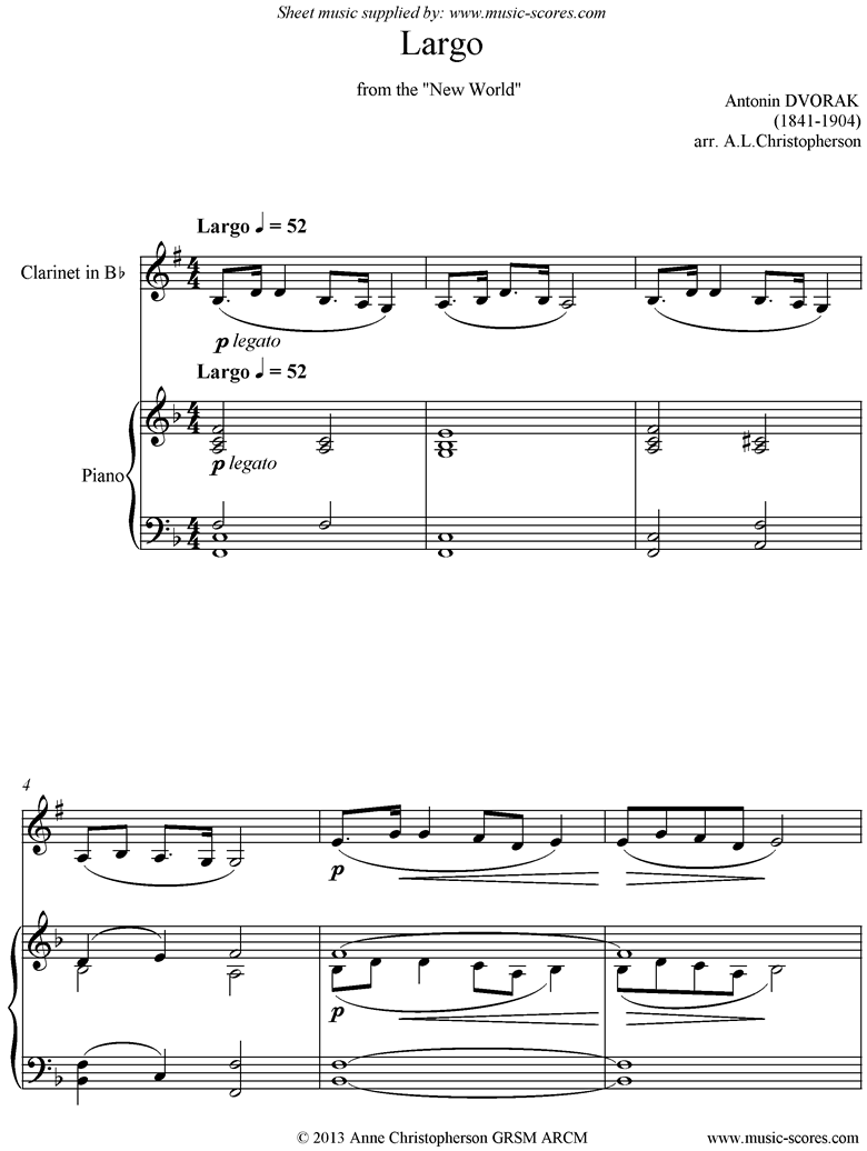 Front page of Largo theme from the New World Symphony No. 5: Op. 95: Clarinet and Piano. Lower. sheet music