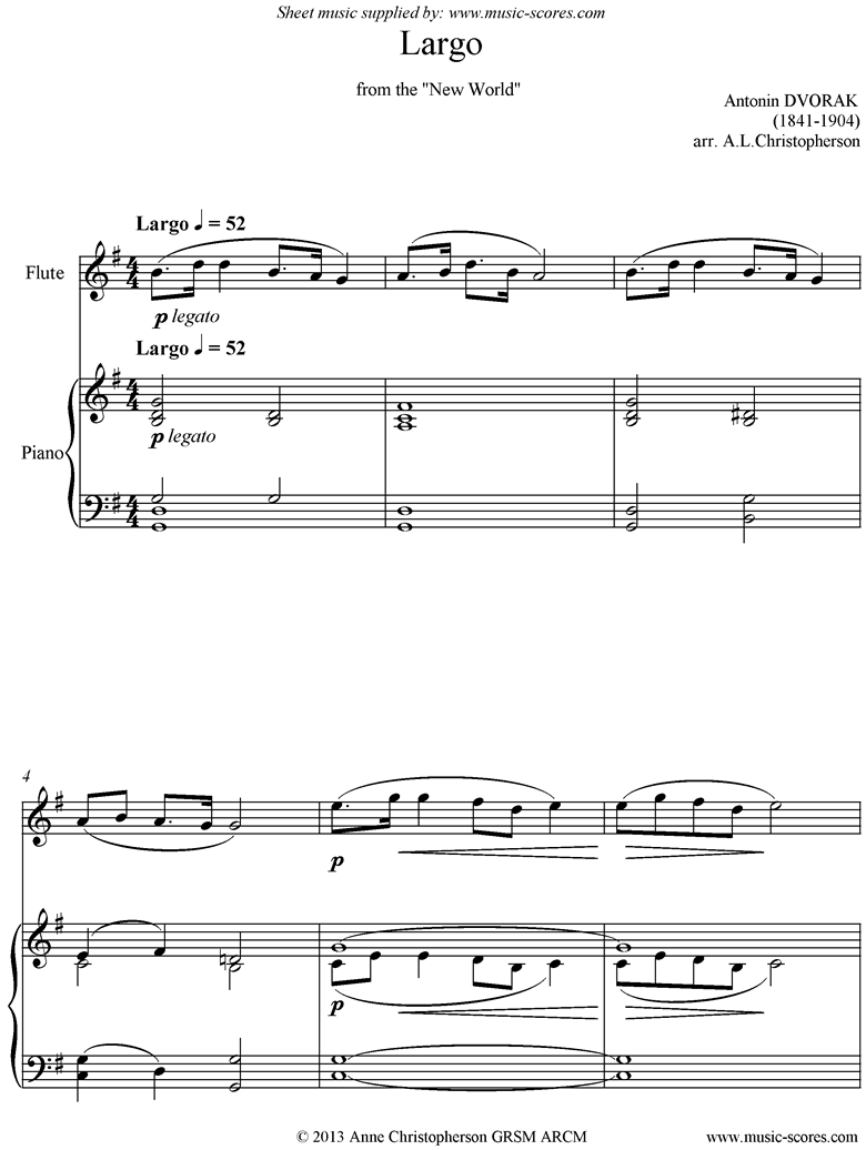 Front page of Largo theme from the New World Symphony No. 5: Op. 95: Flute and Piano. sheet music