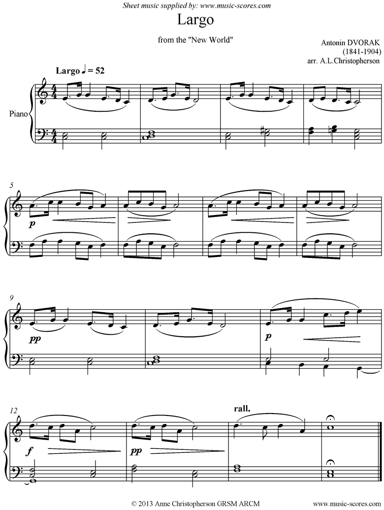 Front page of Largo theme from the New World Symphony No. 9: Op. 95: Piano sheet music
