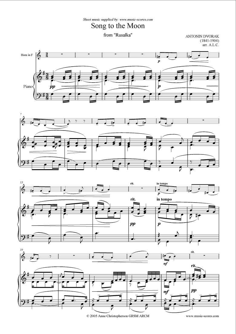 Front page of Song to the Moon: from Rusalka. French Horn sheet music