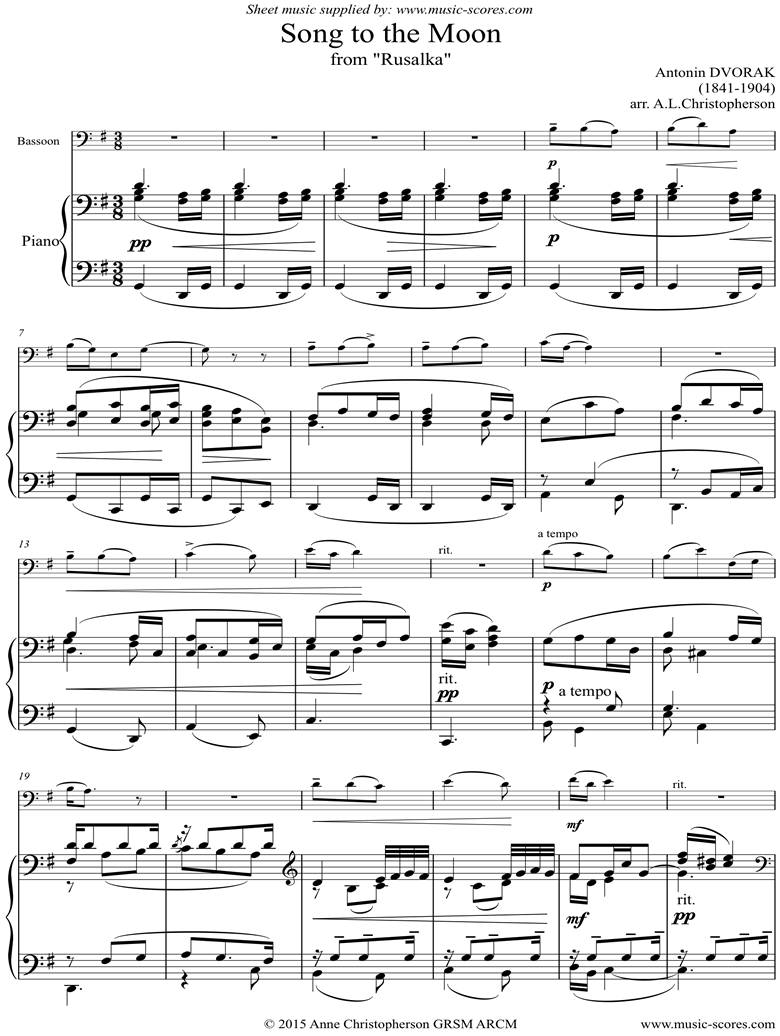 Song to the Moon: from Rusalka. Bassoon, Bass clef by Dvorak