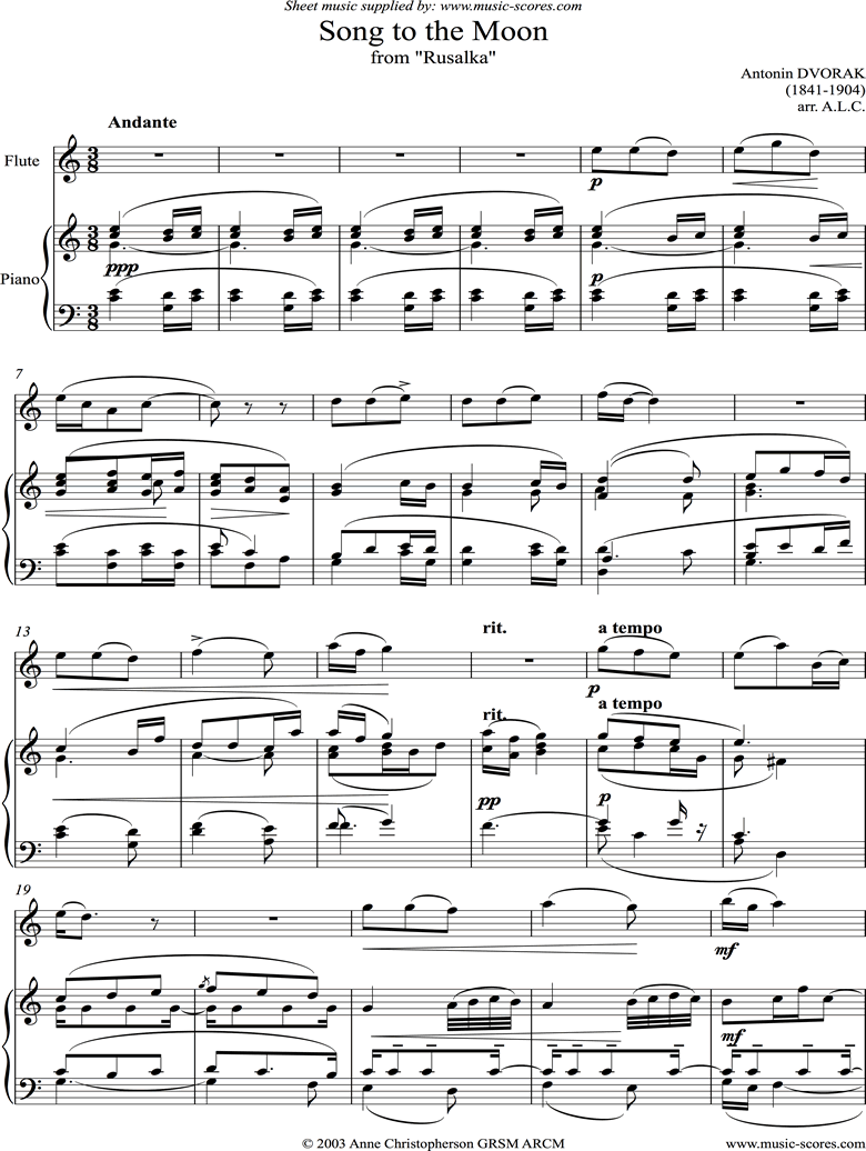 Front page of Song to the Moon: from Rusalka. Flute sheet music