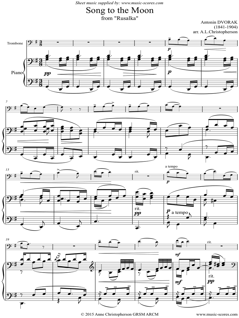 Front page of Song to the Moon: from Rusalka. Trombone, high sheet music