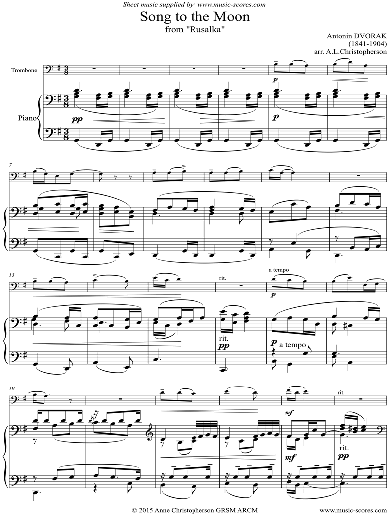 Song to the Moon: from Rusalka. Trombone, high by Dvorak