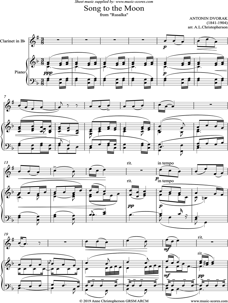 Front page of Song to the Moon: from Rusalka. Clarinet sheet music