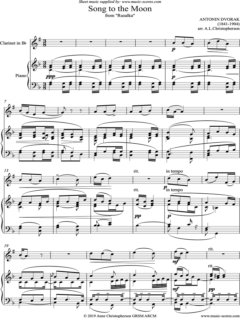Song to the Moon: from Rusalka. Clarinet by Dvorak