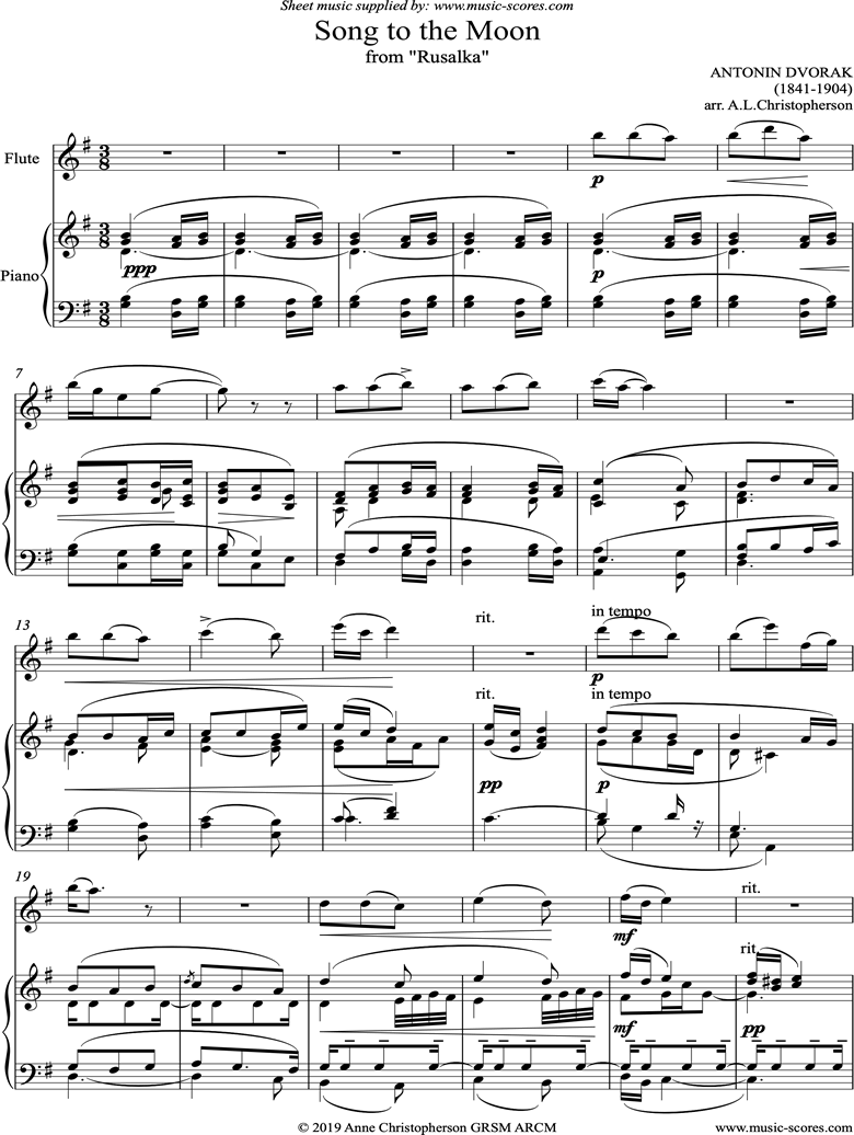 Front page of Song to the Moon: from Rusalka. Flute sheet music