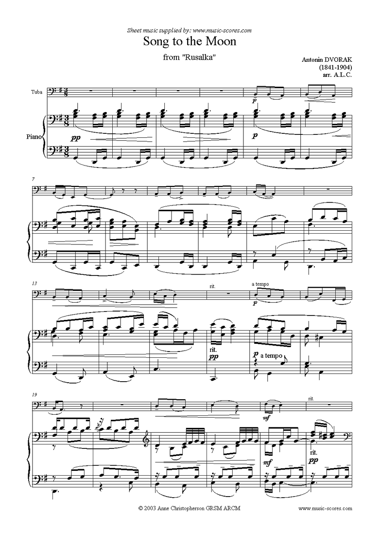 Front page of Song to the Moon: from Rusalka. Tuba sheet music