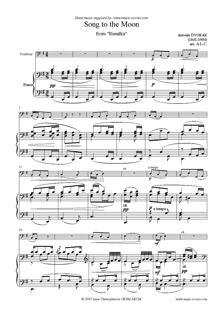 Front page of Song to the Moon: from Rusalka. Trombone, low sheet music