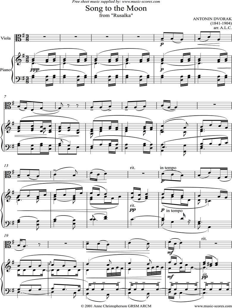 Front page of Song to the Moon: from Rusalka. Viola sheet music