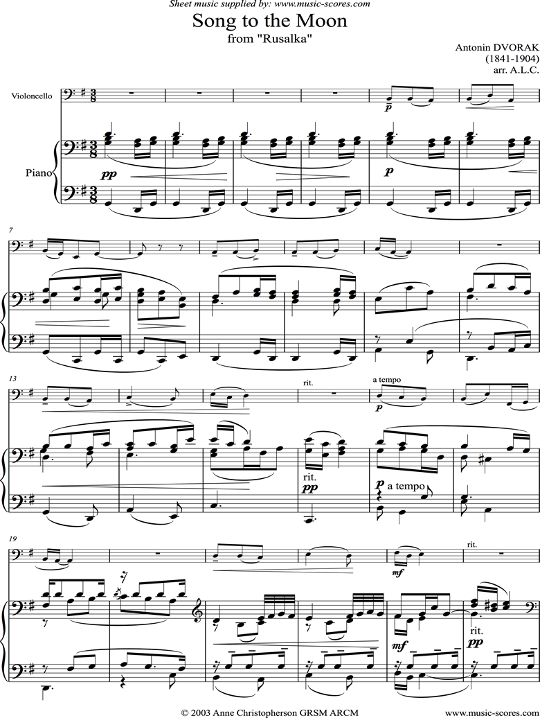 Front page of Song to the Moon: from Rusalka. Cello sheet music
