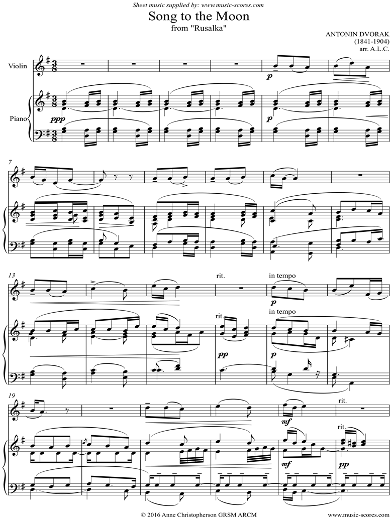 Front page of Song to the Moon: from Rusalka. Violin sheet music