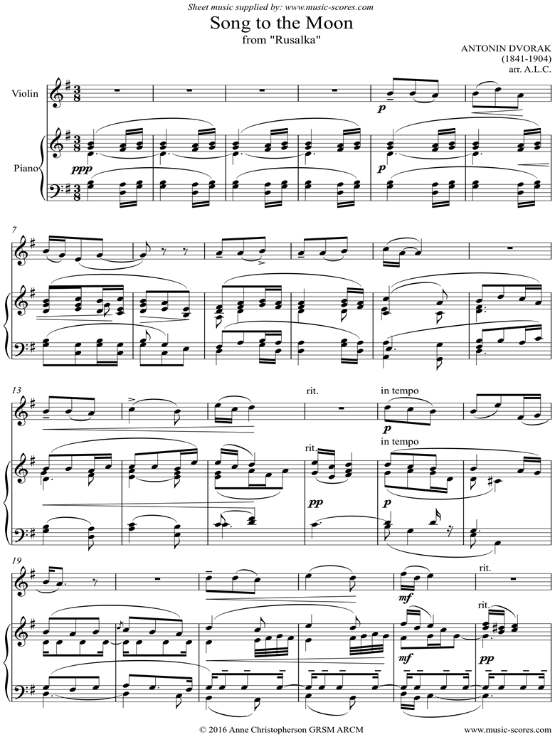 Song to the Moon: from Rusalka. Violin by Dvorak