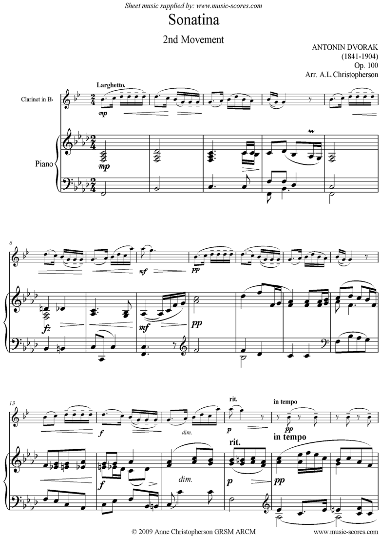 Front page of Op.100: Sonatina 2nd Mvt: Larghetto: Clarinet sheet music