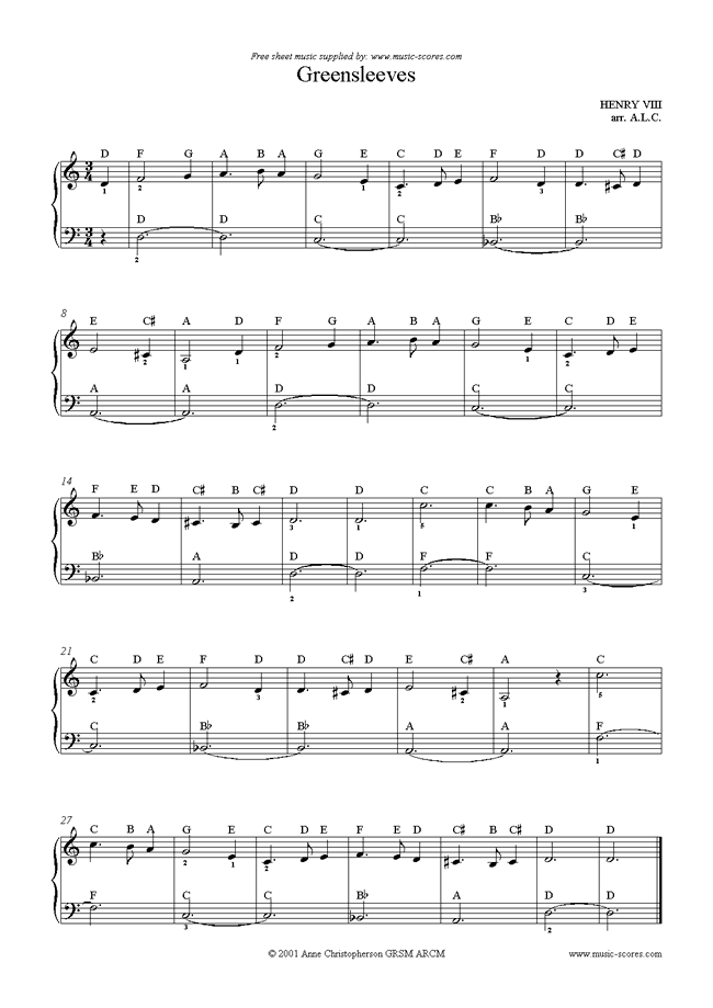 Front page of Greensleeves: easy piano version sheet music