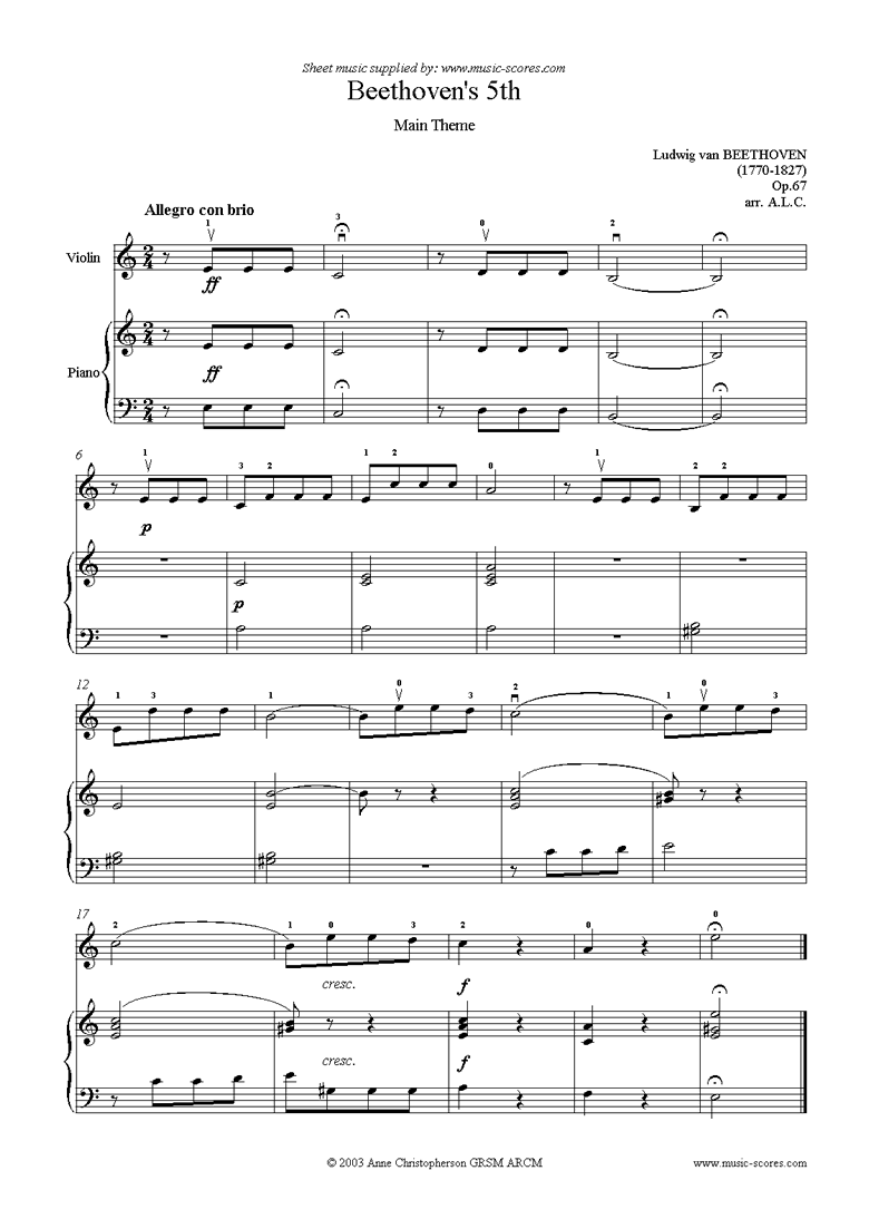 Front page of Beethovens 5th: 1st theme: Easy Violin sheet music
