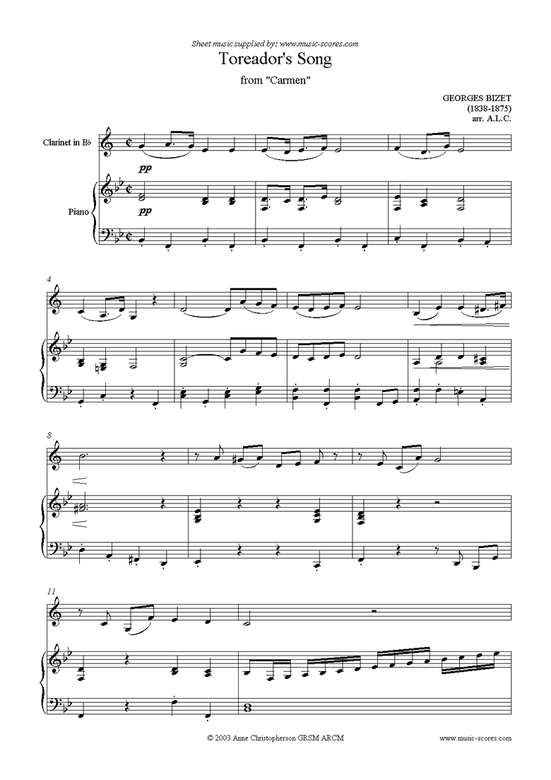 Front page of Toreadors Song: from Carmen: Clarinet sheet music