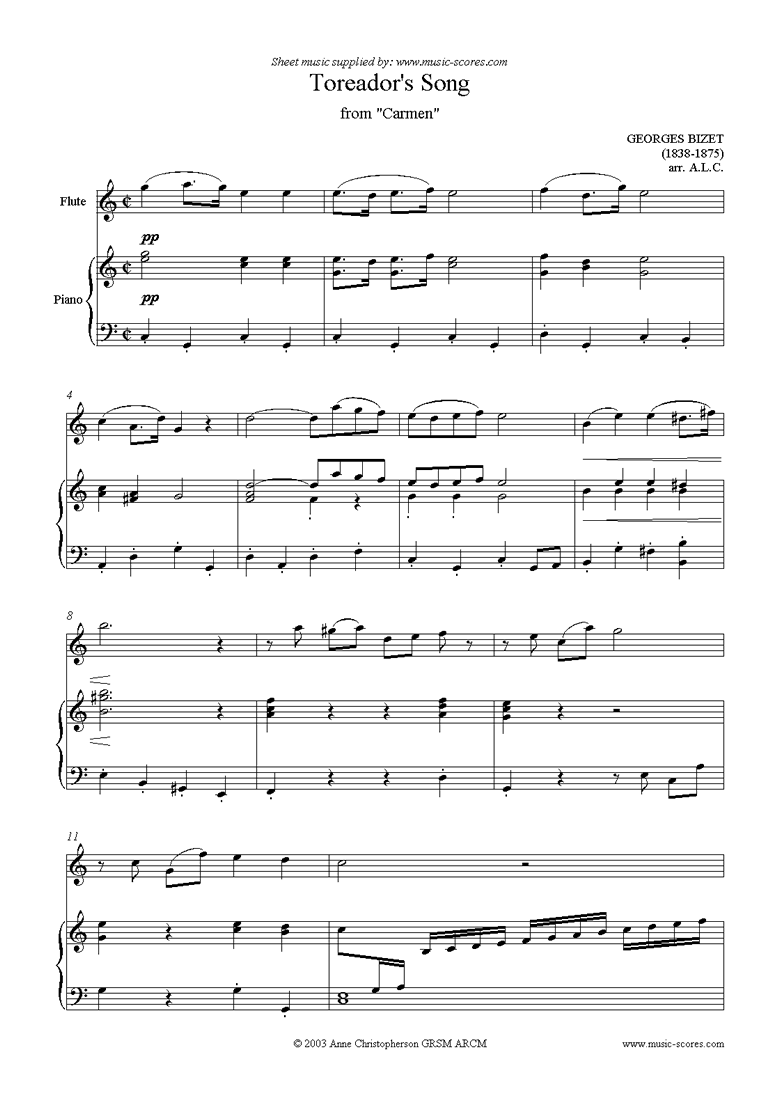 Front page of Toreadors Song: from Carmen: Flute sheet music