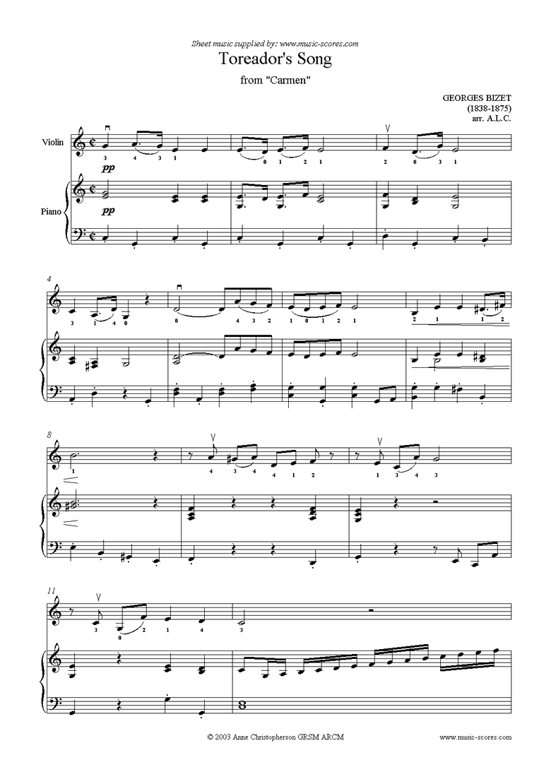 Toreadors Song: from Carmen: Violin by Bizet