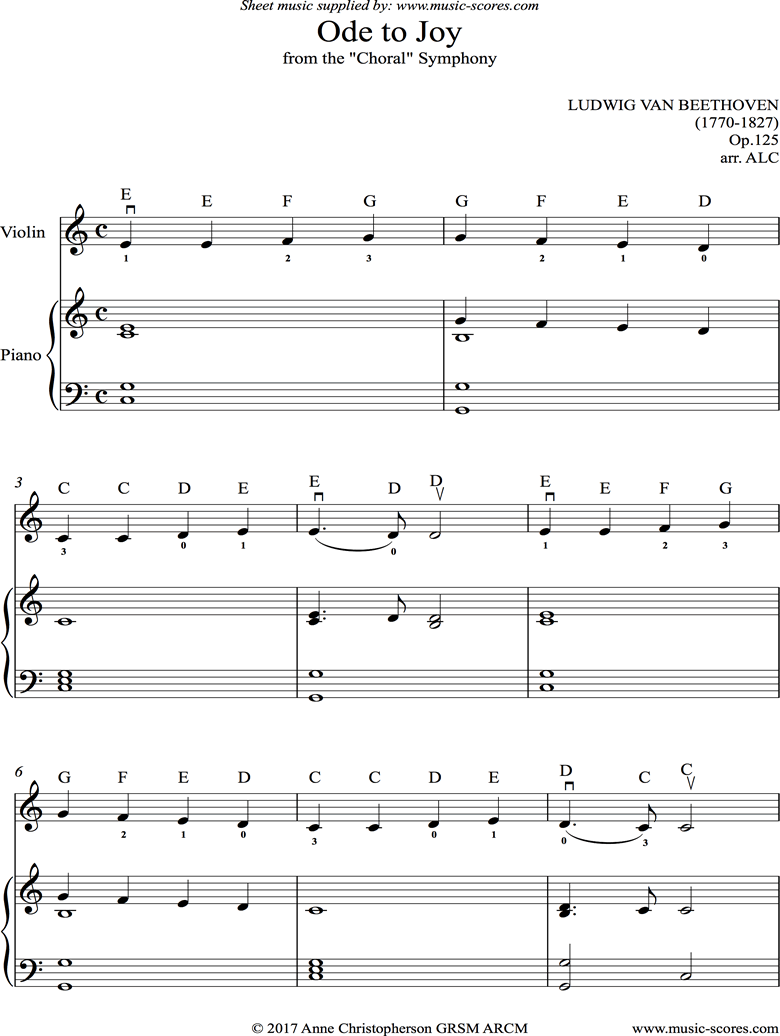Beethoven. Ode to Joy 9th Symphony easy violin classical sheet music