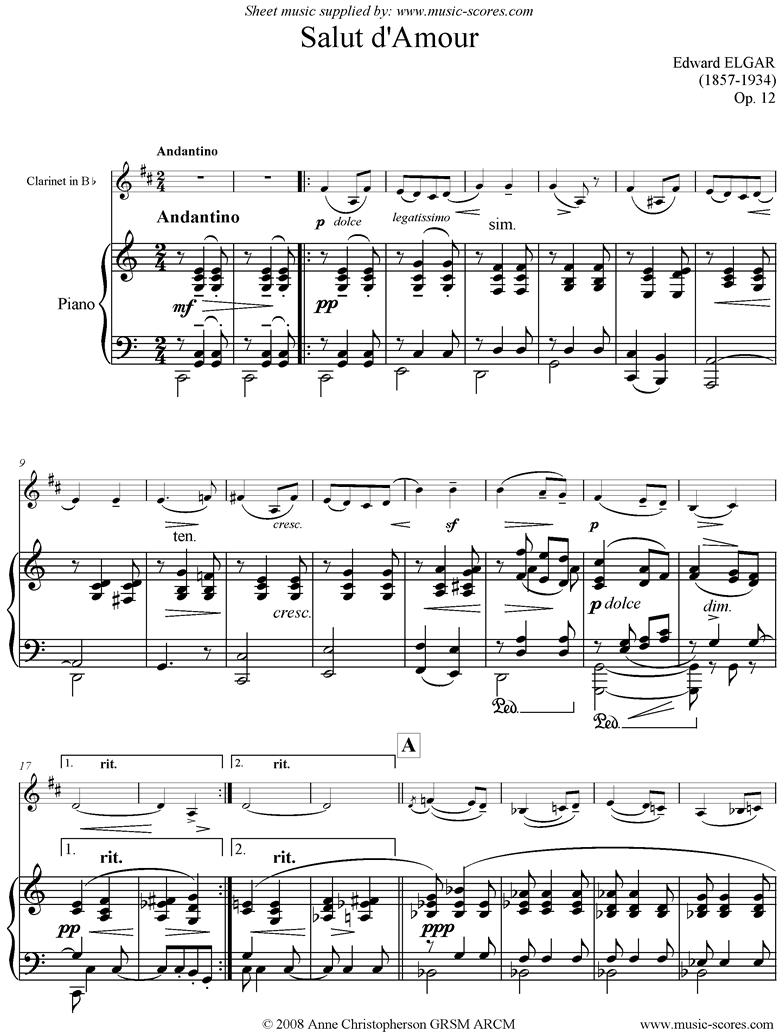 Front page of Salut dAmour: Clarinet, Octave lower sheet music