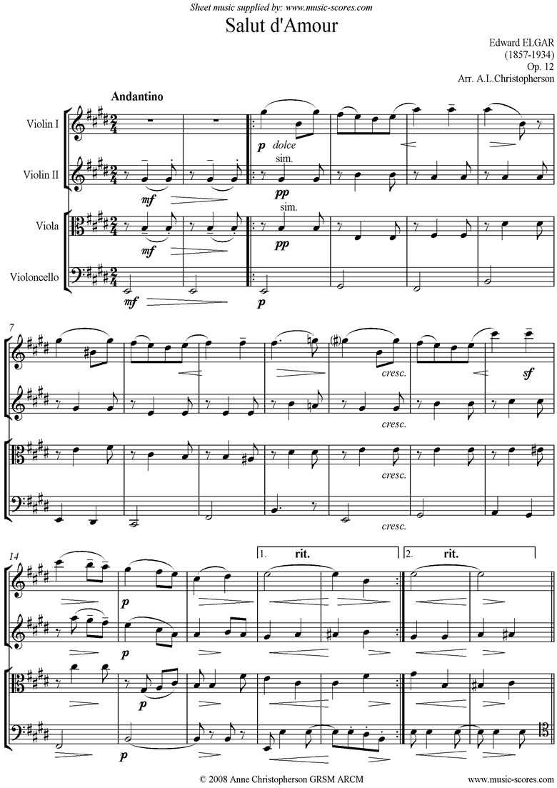 Front page of Salut dAmour: String Quartet sheet music