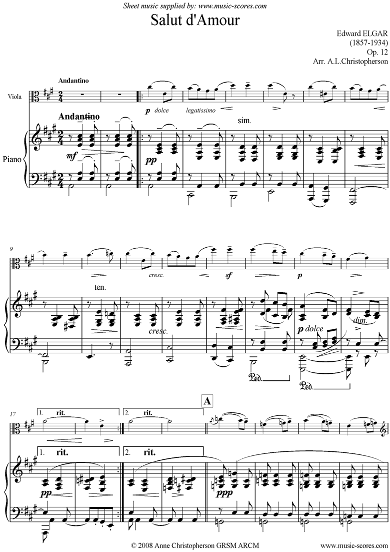 Front page of Salut dAmour: Viola sheet music