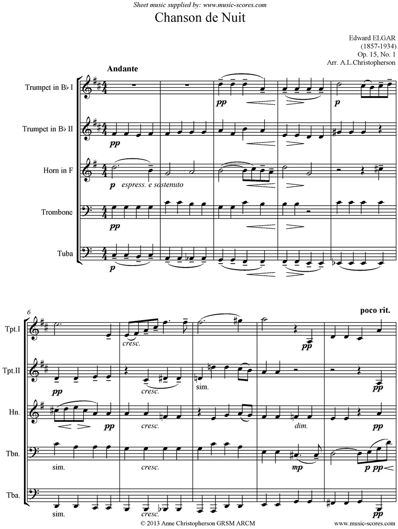 Front page of Chanson de Nuit: Brass quintet sheet music