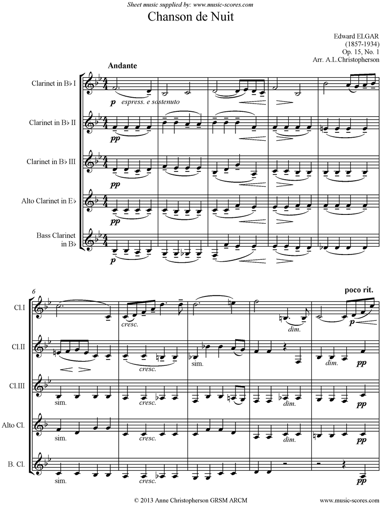 Front page of Chanson de Nuit: Clarinet quintet sheet music