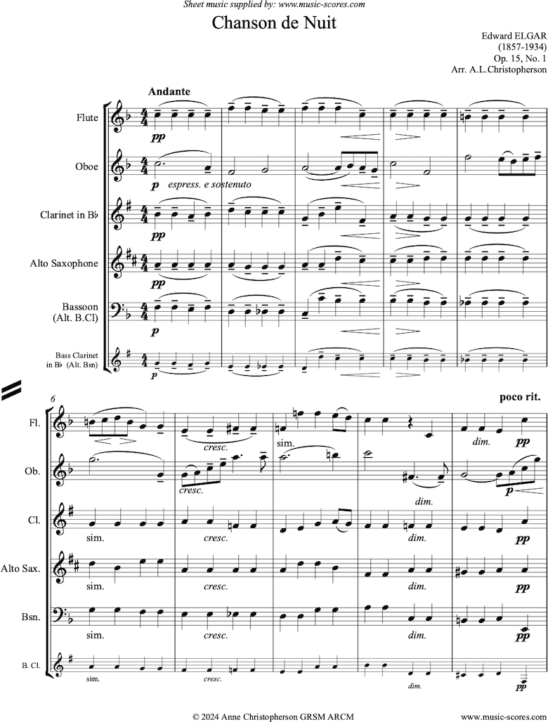 Front page of Chanson de Nuit: Wind quintet sheet music