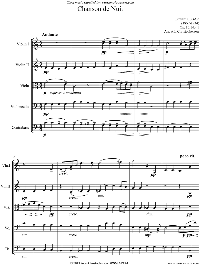 Front page of Chanson de Nuit: String ensemble sheet music