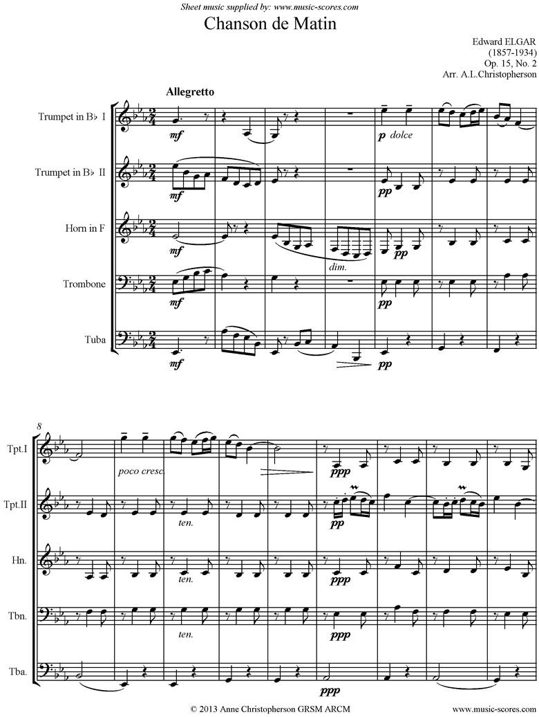 Front page of Chanson de Matin: Brass quintet sheet music