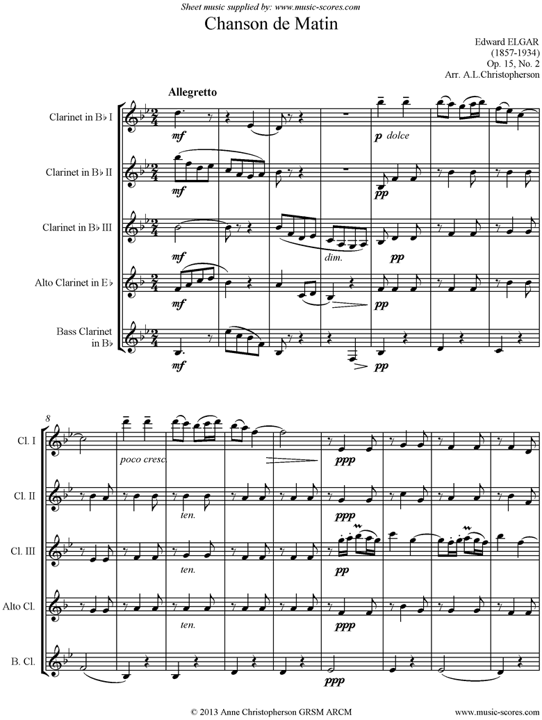 Front page of Chanson de Matin: Clarinet quintet sheet music