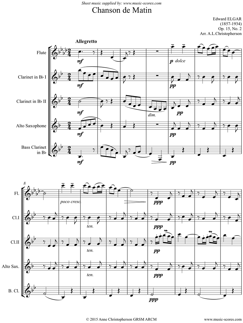 Front page of Chanson de Matin: Wind quintet Flute, 2 Clarinets, Alto Sax, Bass Clarinet sheet music
