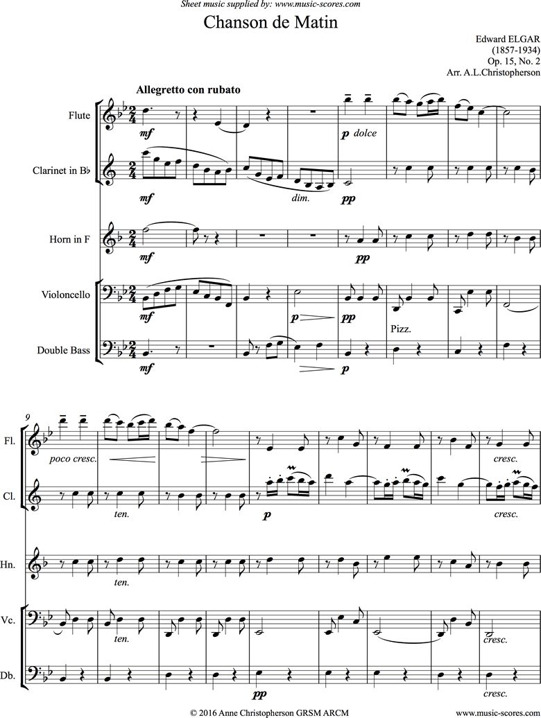 Front page of Chanson de Matin: Flute, Clarinet, Horn, Cello, Double Bass sheet music