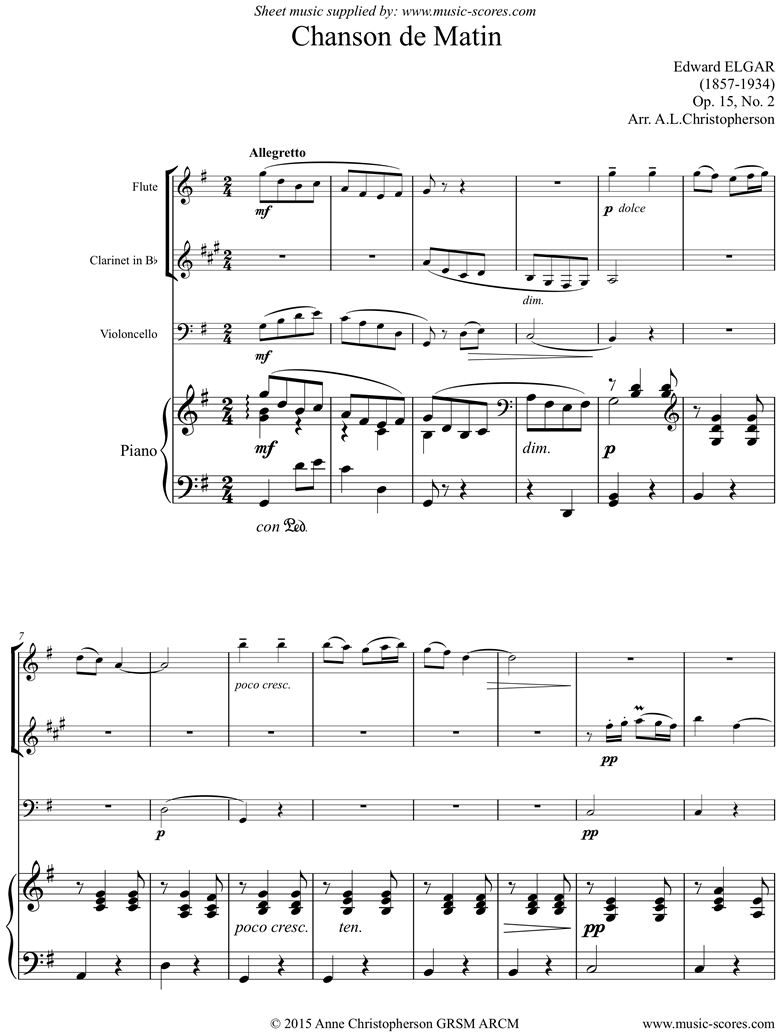 Front page of Chanson de Matin: Flute, Clarinet, Cello, Piano sheet music