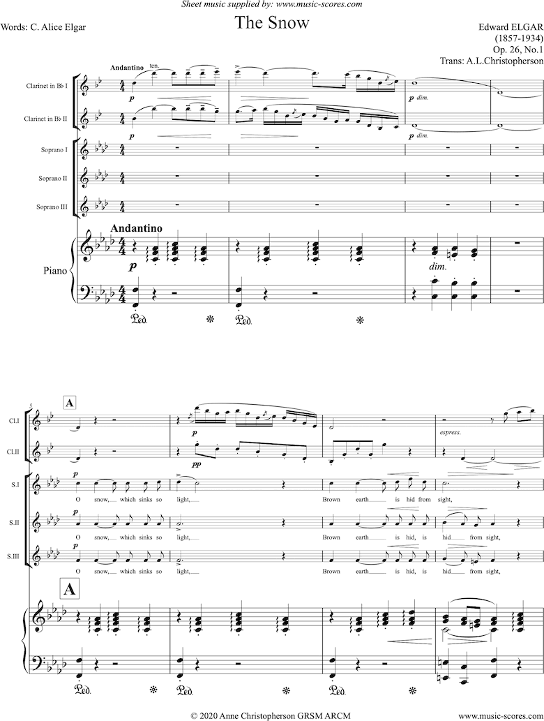 Front page of The Snow: 3 Voices, 2 Clarinets, Piano sheet music