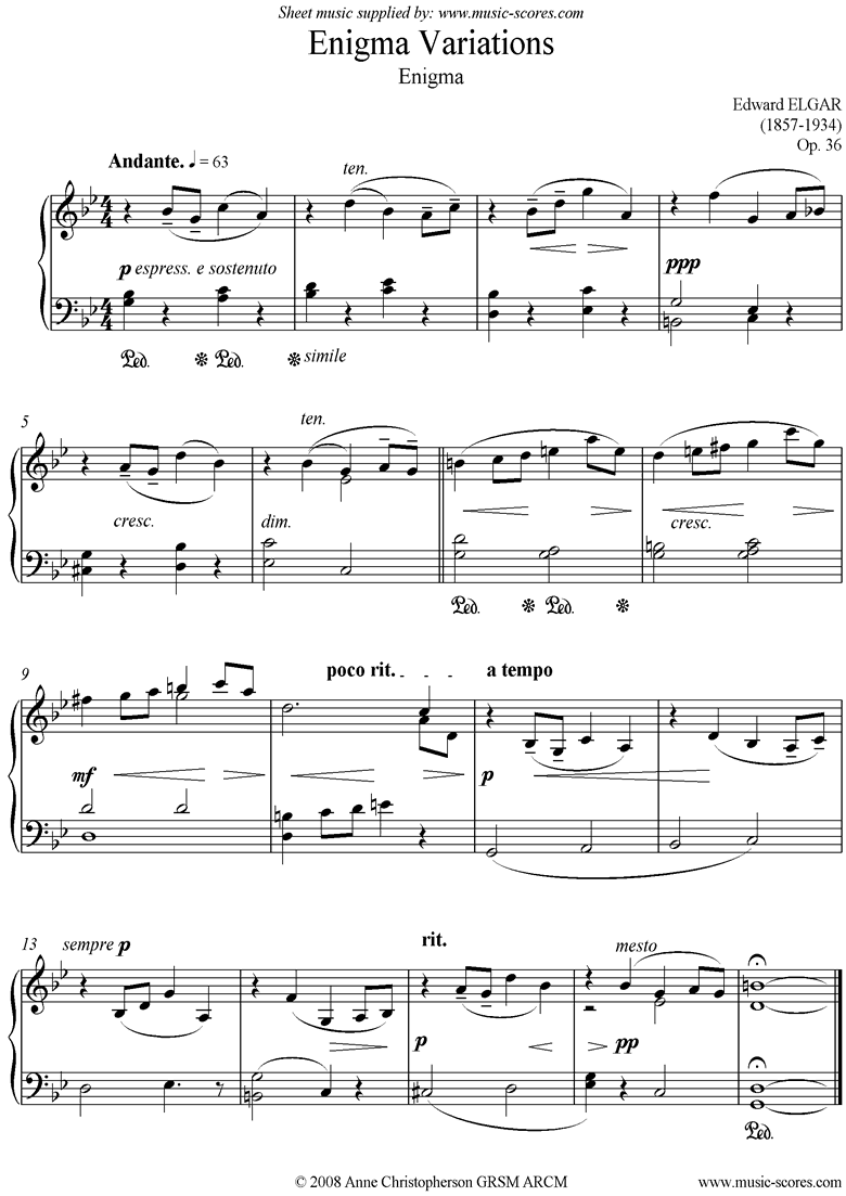 Front page of Enigma Variations: 0: Theme: simplified piano sheet music