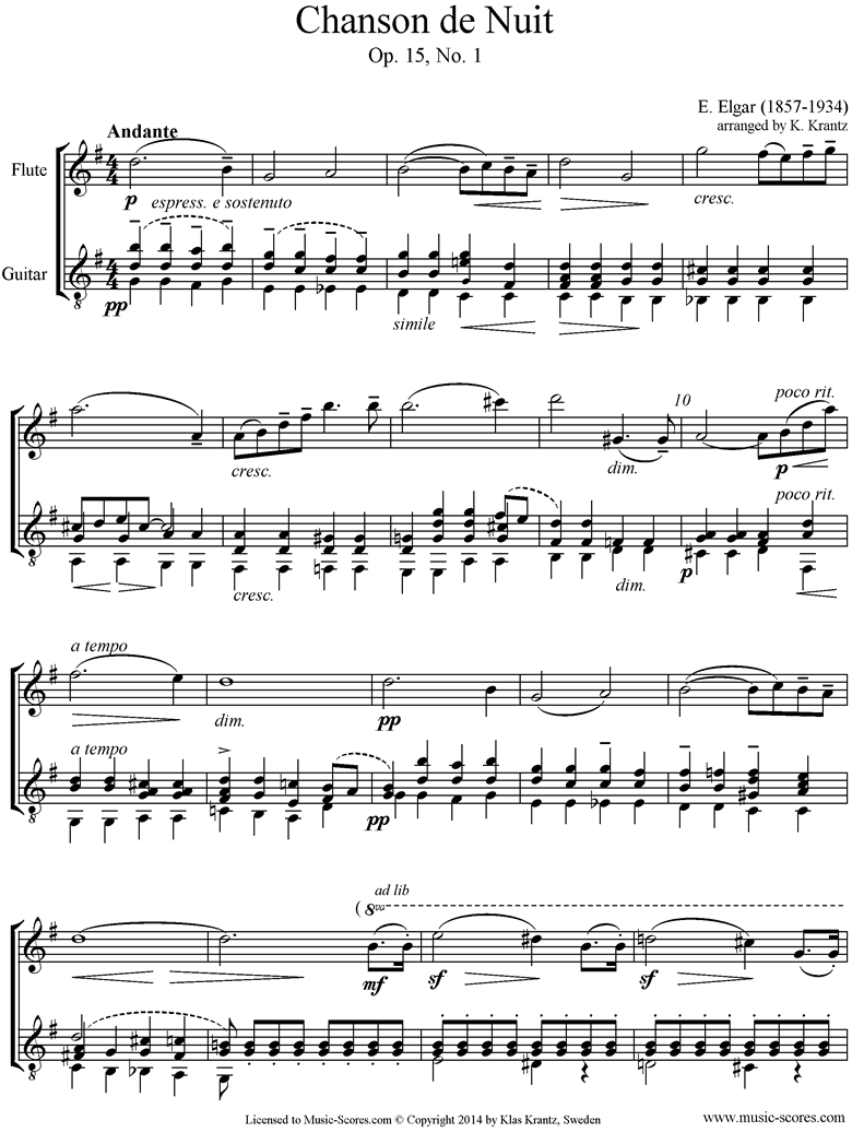 Front page of Chanson de Nuit: Flute, Guitar sheet music