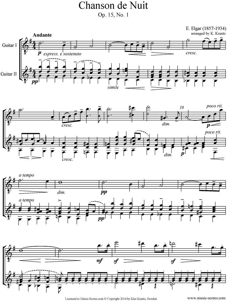 Front page of Chanson de Nuit: 2 Guitars sheet music