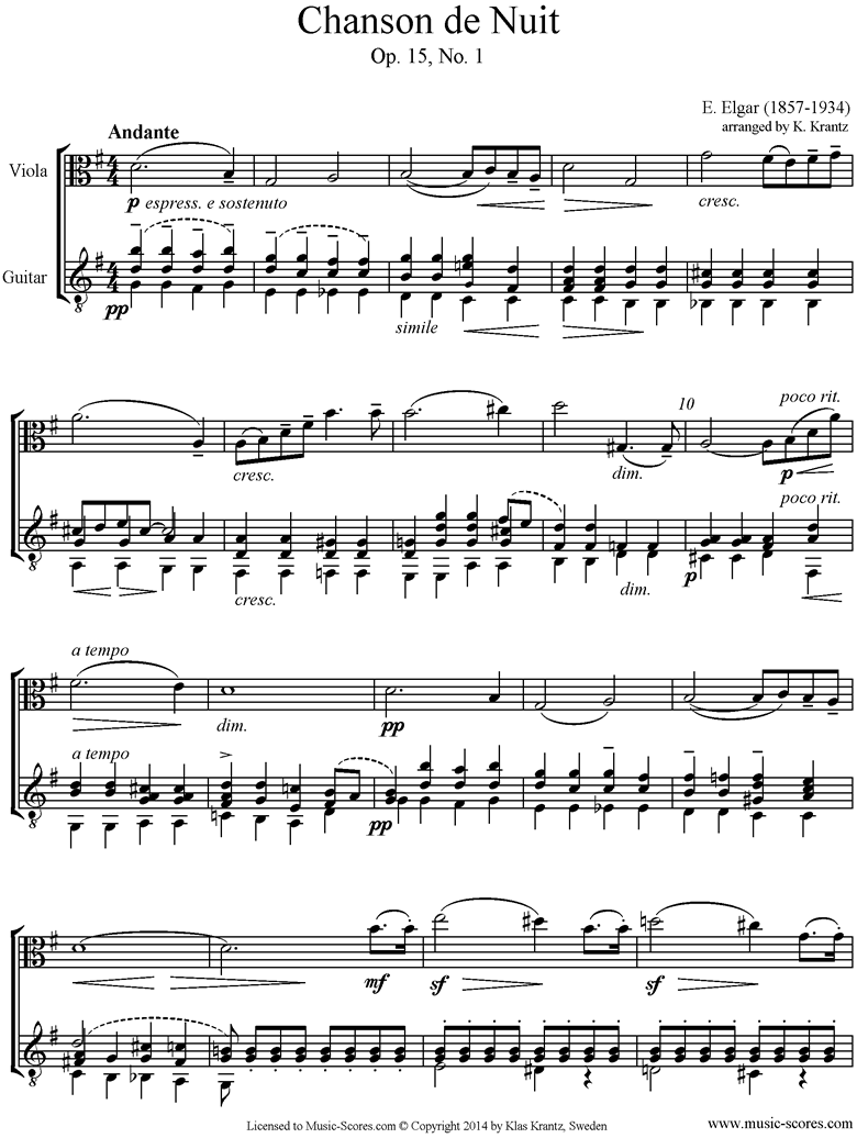 Front page of Chanson de Nuit: Viola, Guitar sheet music