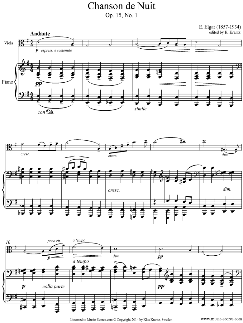 Front page of Chanson de Nuit: Viola, Piano sheet music