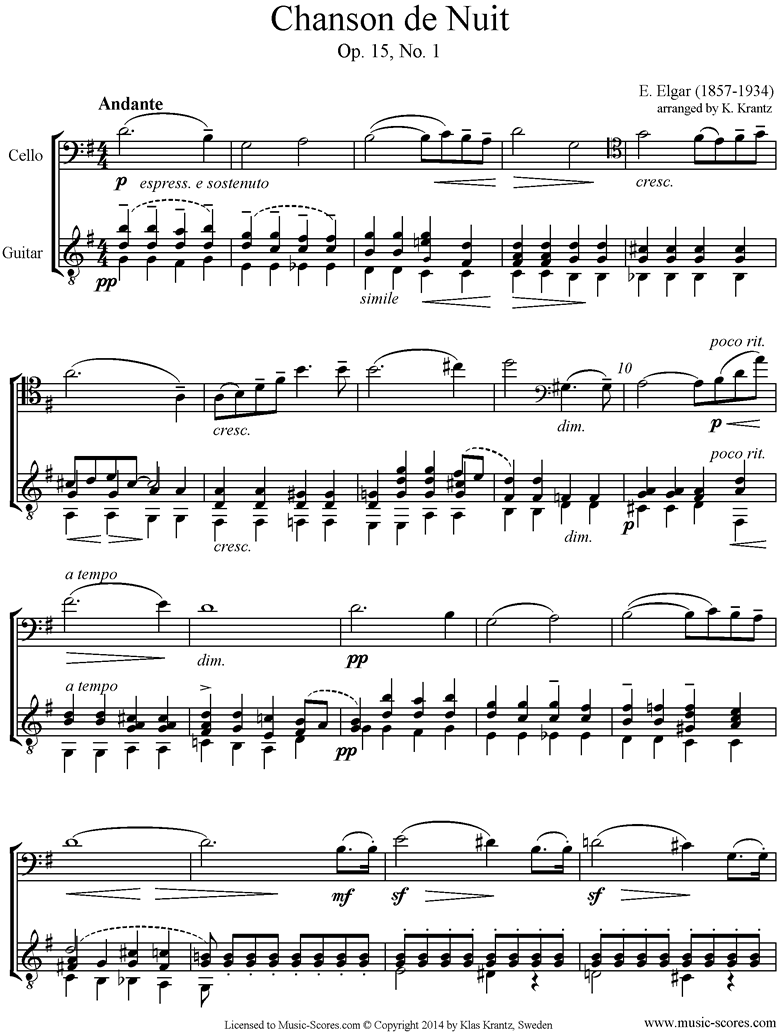 Front page of Chanson de Nuit: Cello, Guitar sheet music